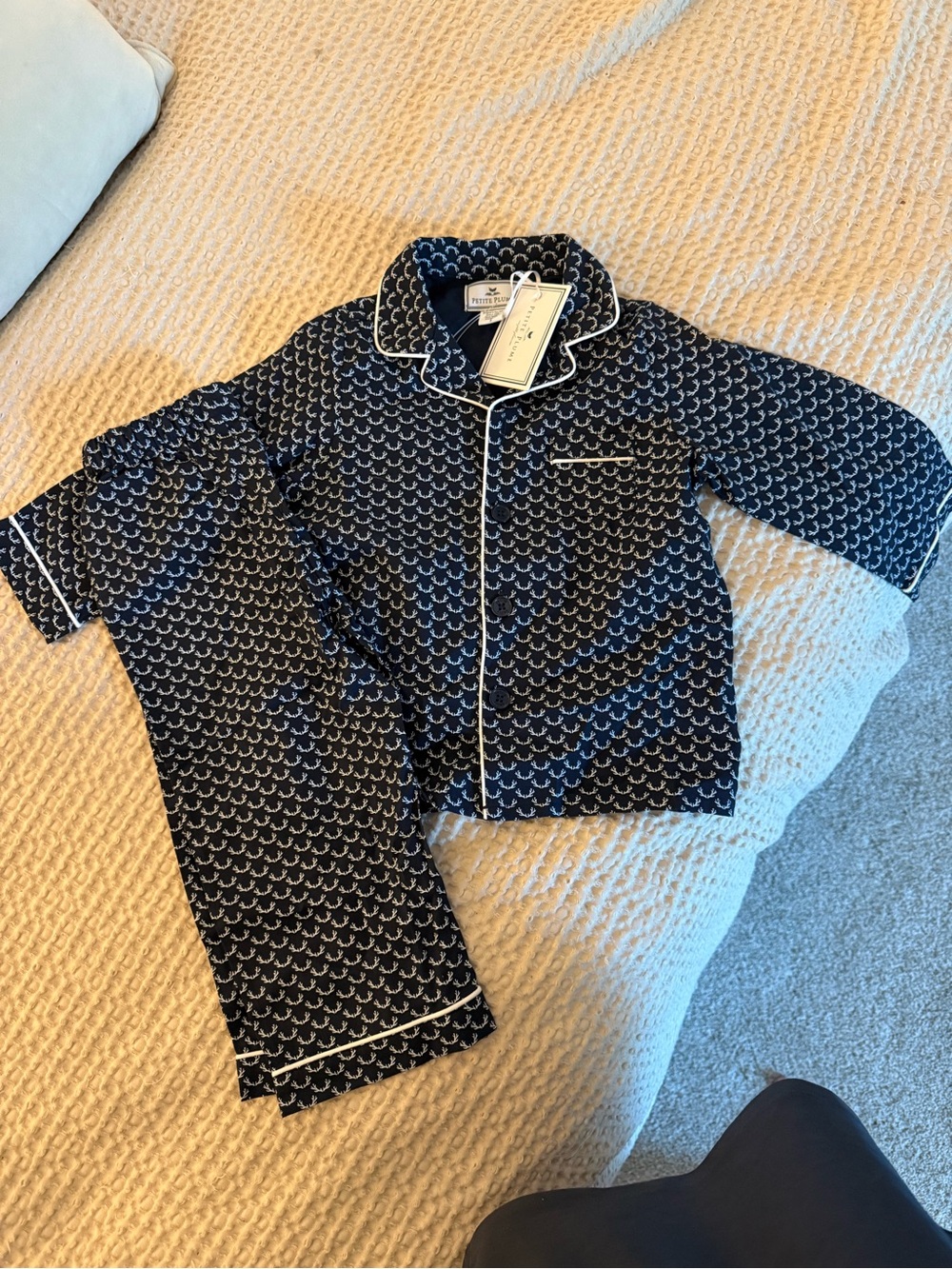 Kids Navy Antler-Print Pajama Set with White Piping